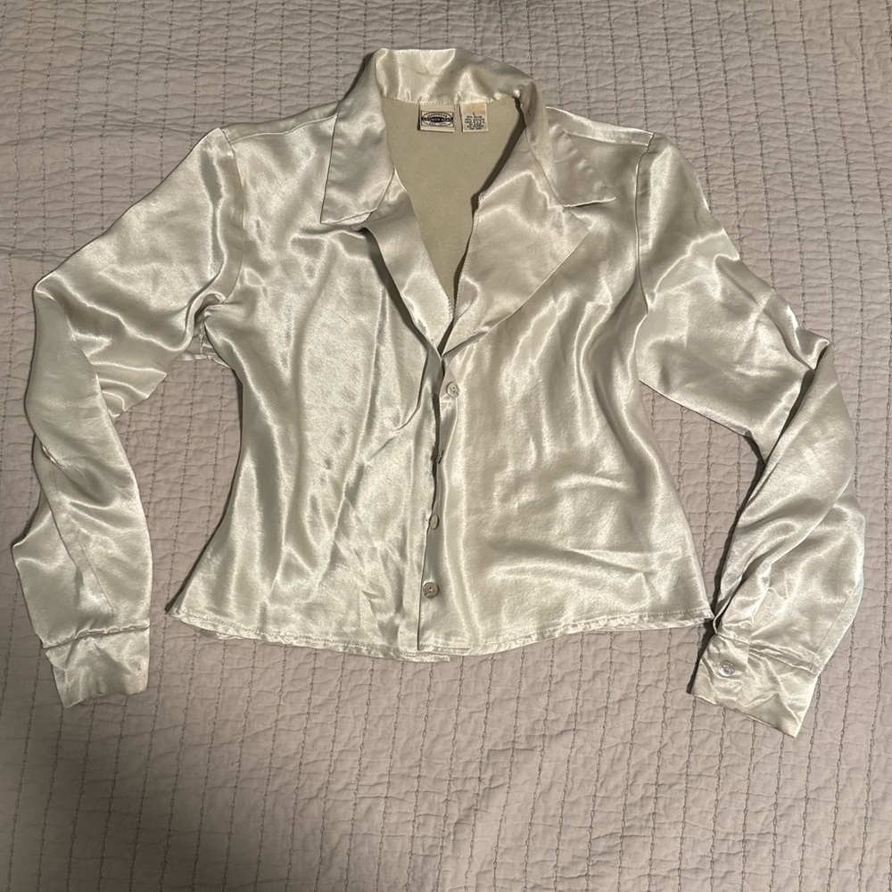 Vintage 90s Y2K Satin Blouse Women’s L Ivory Champagne Button Up Made in USA